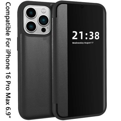 iPhone 16 Pro Max 6.9 inch PU Leather Window Flap Case with Cover - Black